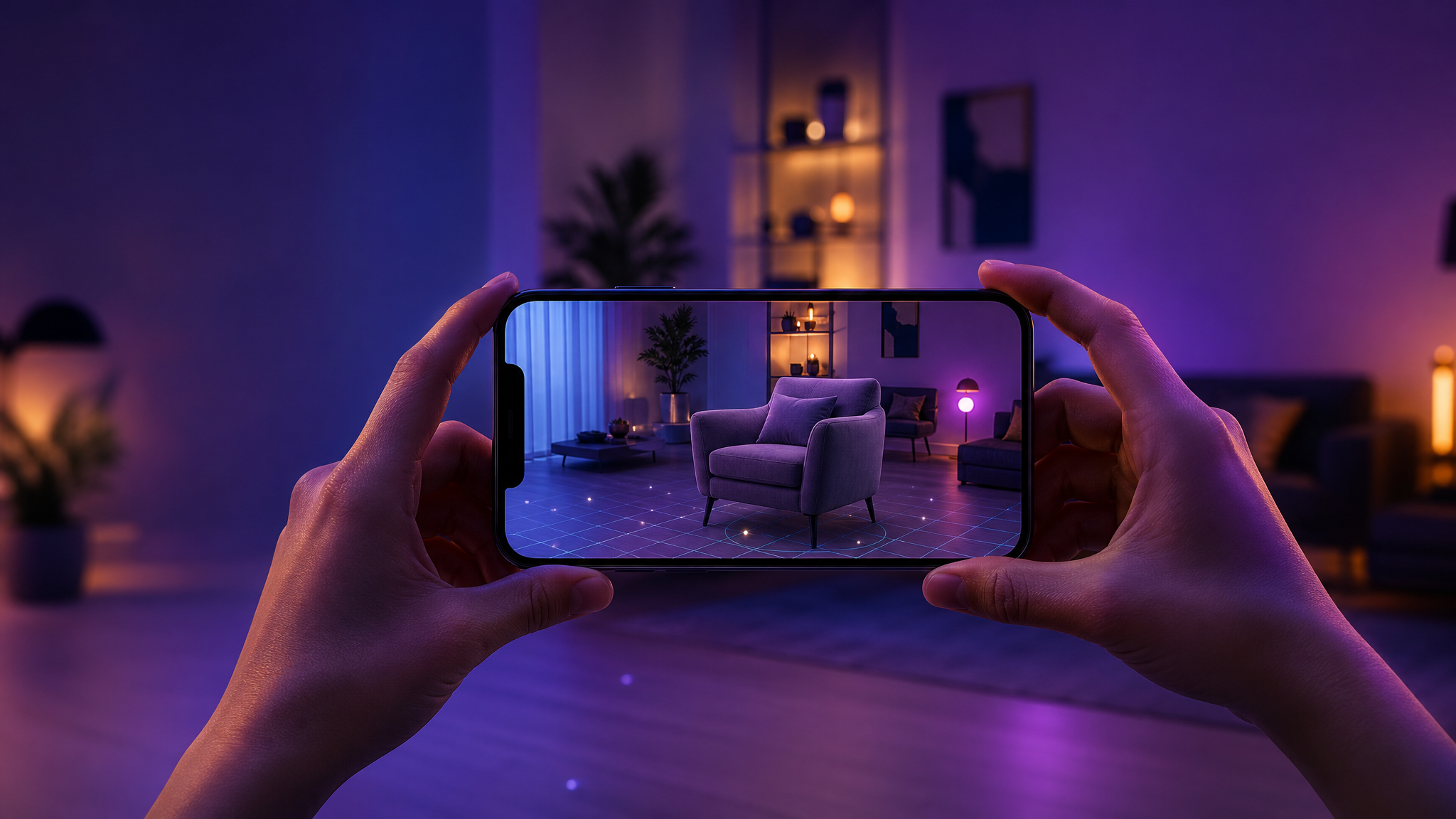 Hands holding a smartphone with an AR interface
