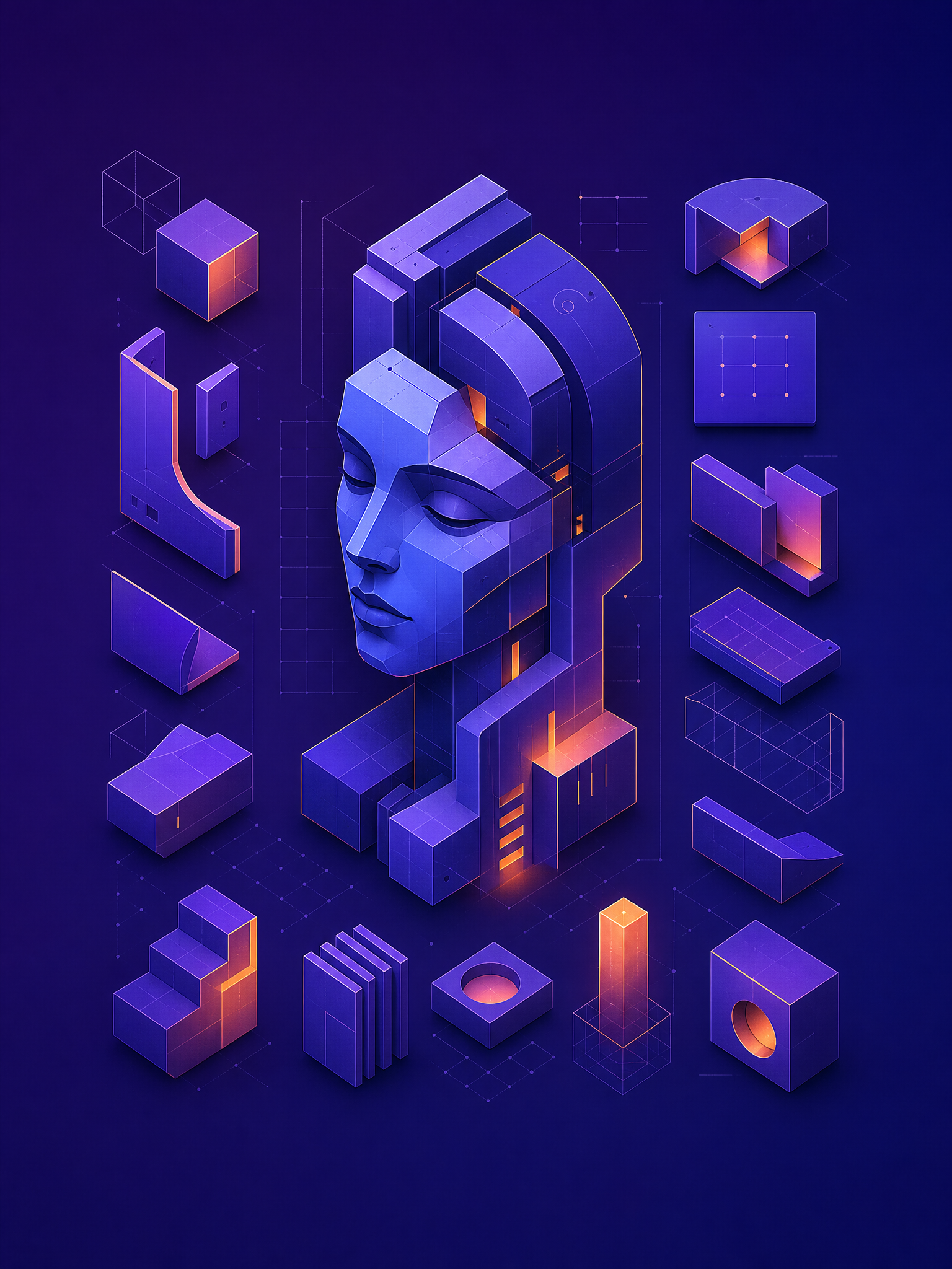 3D assets — isometric blue shapes and stylized face